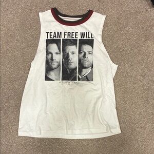 White Team Free Will (Supernatural) Graphic Muscle Tank with Red-Trim Crew Neck